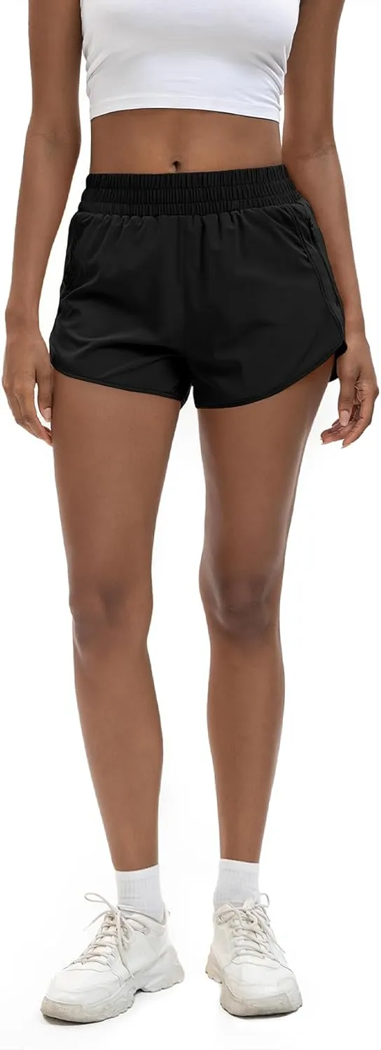 Women's 3" High Waisted Running Shorts Quick Dry Dolphin Sporty Athletic Gym Track Shorts for Women with Zipper Pocket
