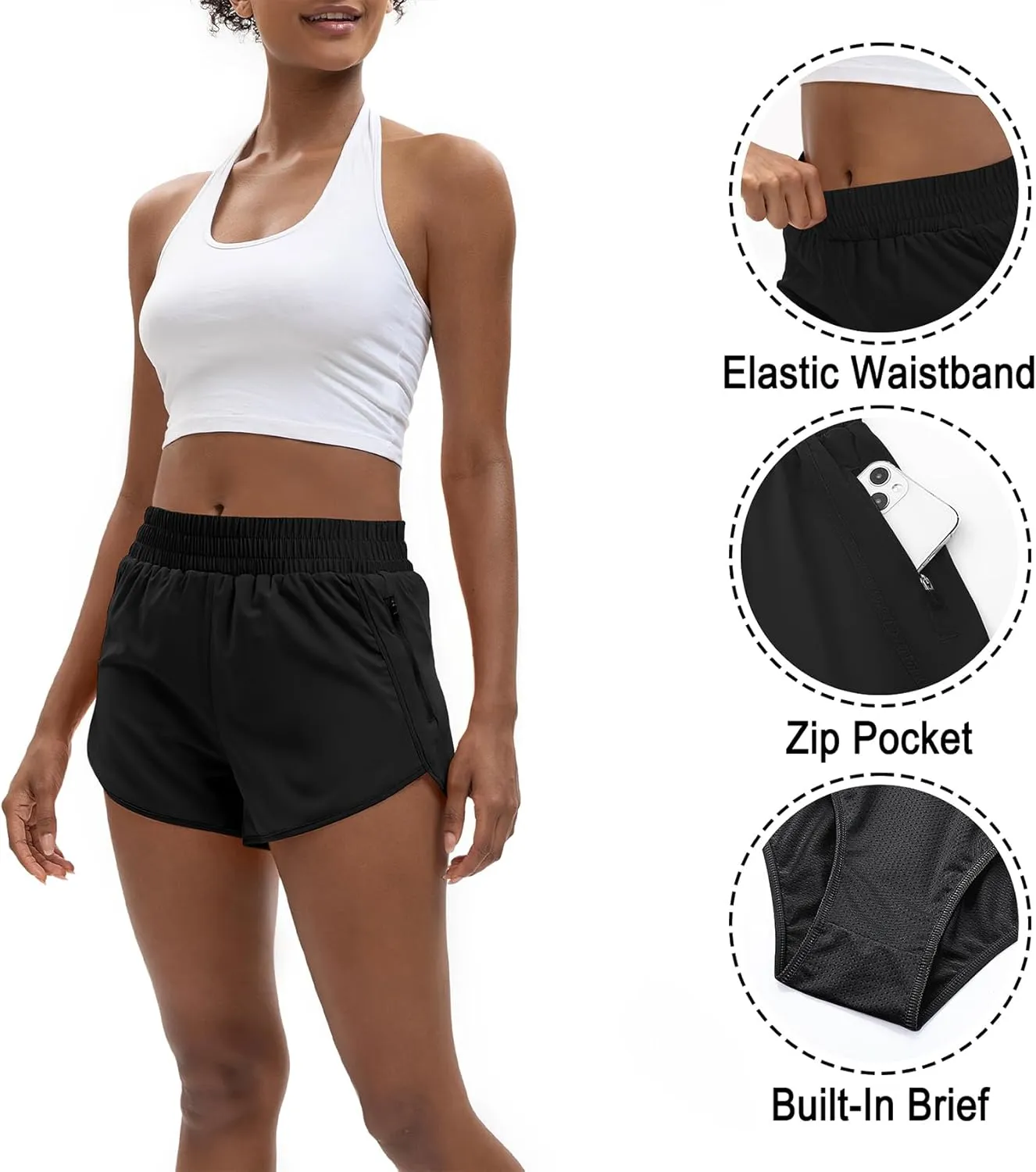 Women's 3" High Waisted Running Shorts Quick Dry Dolphin Sporty Athletic Gym Track Shorts for Women with Zipper Pocket
