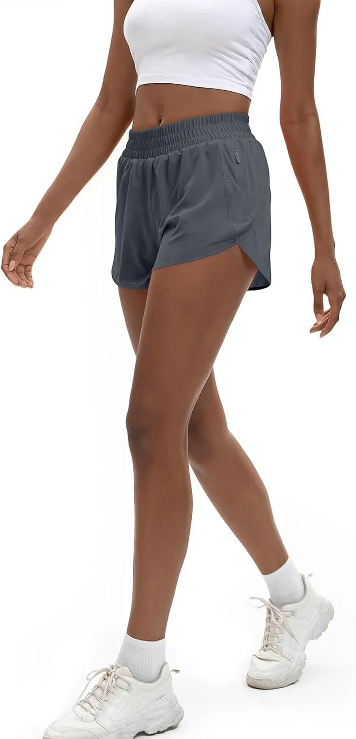 Women's 3" High Waisted Running Shorts Quick Dry Dolphin Sporty Athletic Gym Track Shorts for Women with Zipper Pocket