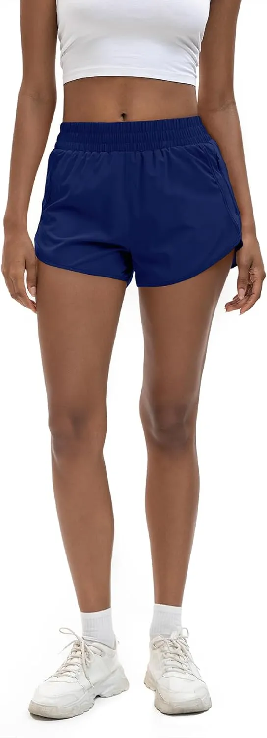 Women's 3" High Waisted Running Shorts Quick Dry Dolphin Sporty Athletic Gym Track Shorts for Women with Zipper Pocket