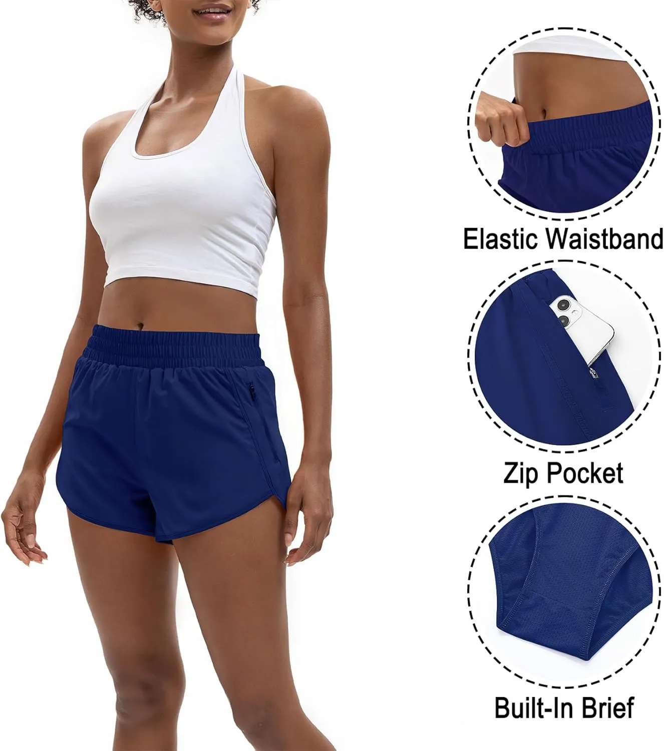 Women's 3" High Waisted Running Shorts Quick Dry Dolphin Sporty Athletic Gym Track Shorts for Women with Zipper Pocket