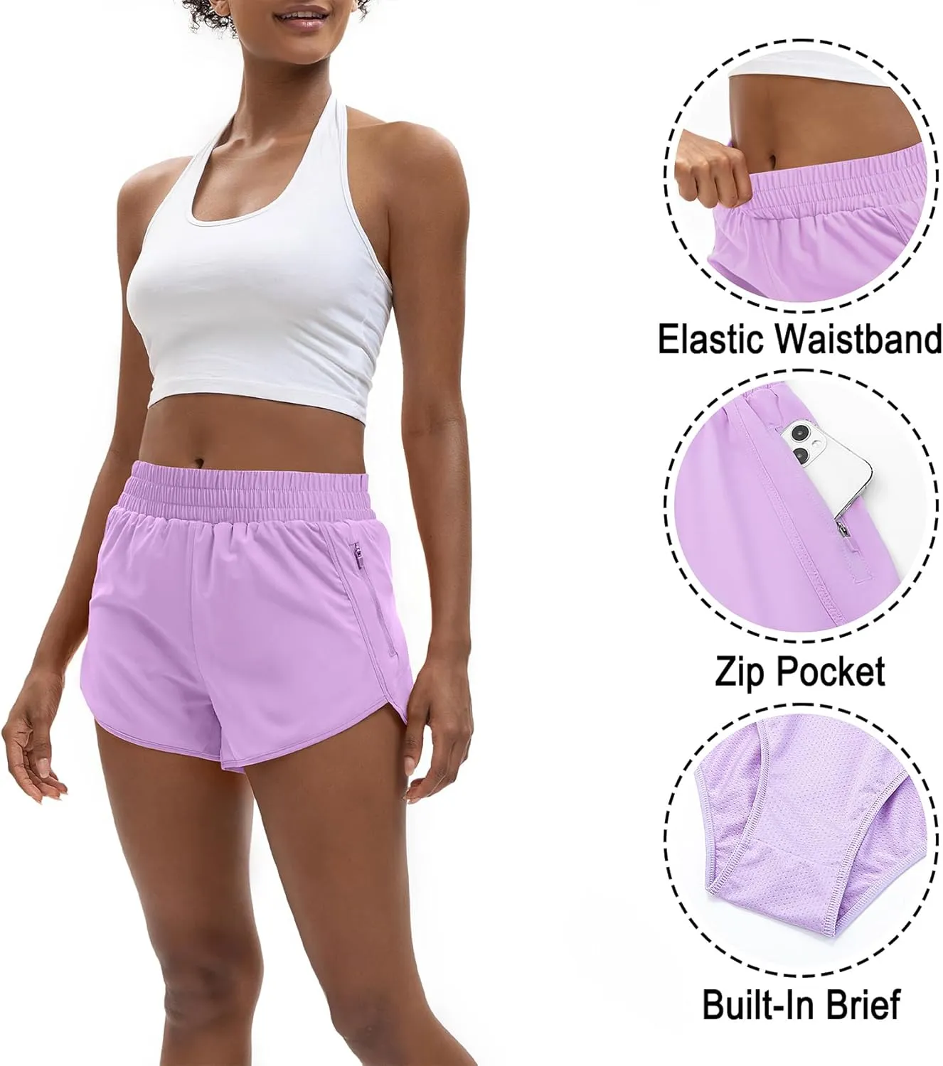 Women's 3" High Waisted Running Shorts Quick Dry Dolphin Sporty Athletic Gym Track Shorts for Women with Zipper Pocket