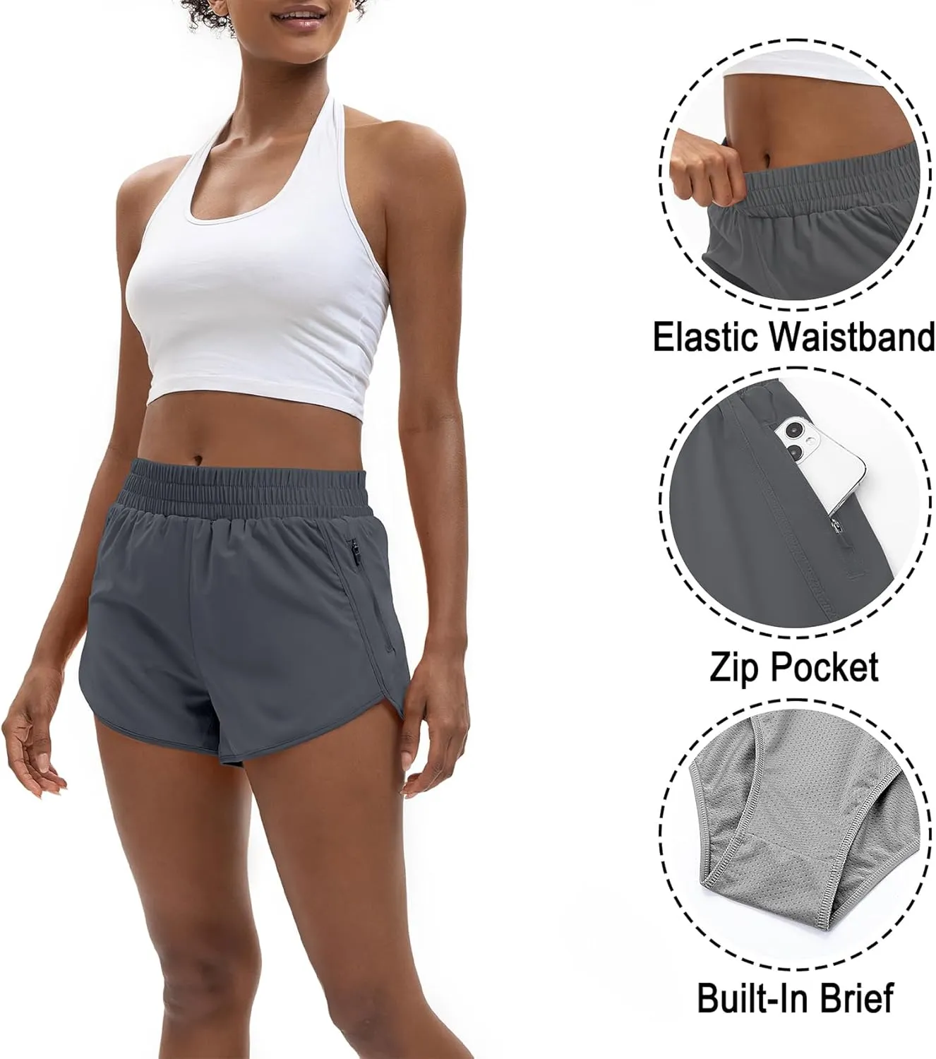 Women's 3" High Waisted Running Shorts Quick Dry Dolphin Sporty Athletic Gym Track Shorts for Women with Zipper Pocket