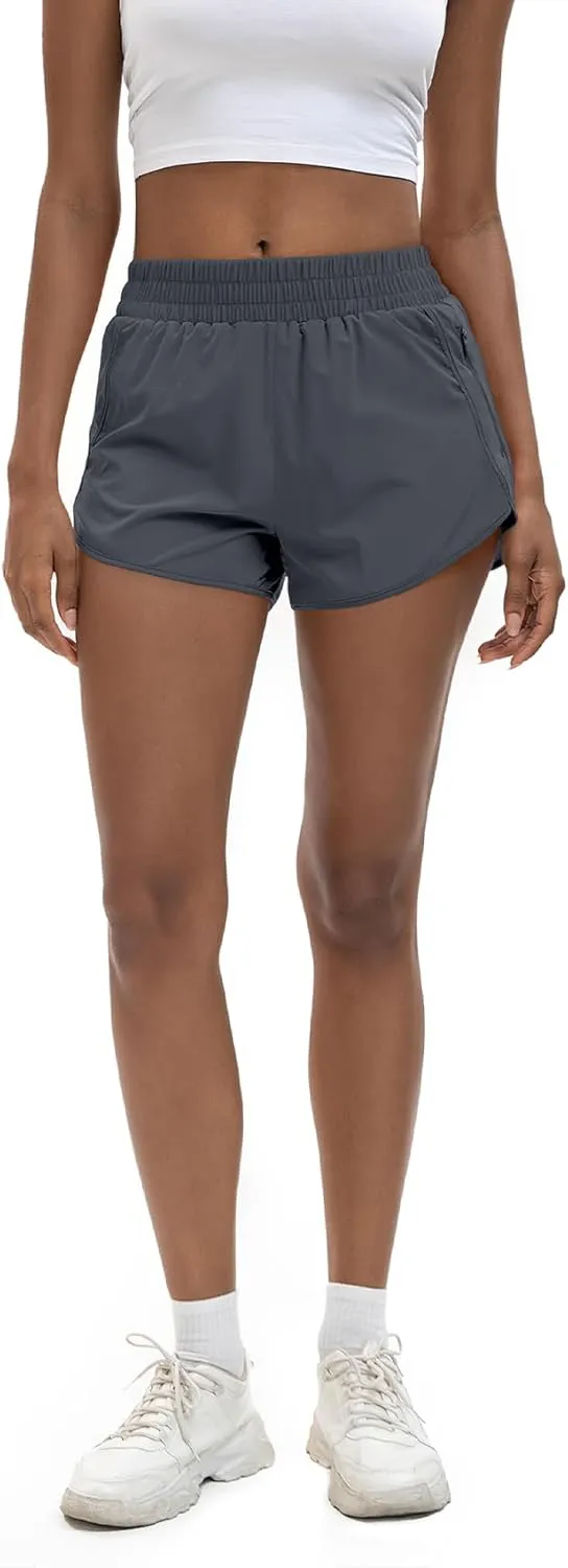 Women's 3" High Waisted Running Shorts Quick Dry Dolphin Sporty Athletic Gym Track Shorts for Women with Zipper Pocket