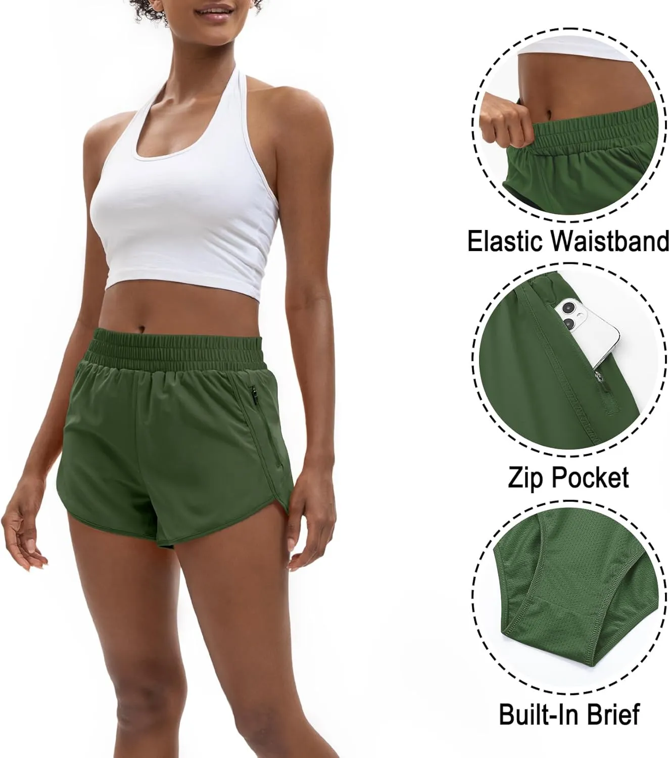 Women's 3" High Waisted Running Shorts Quick Dry Dolphin Sporty Athletic Gym Track Shorts for Women with Zipper Pocket