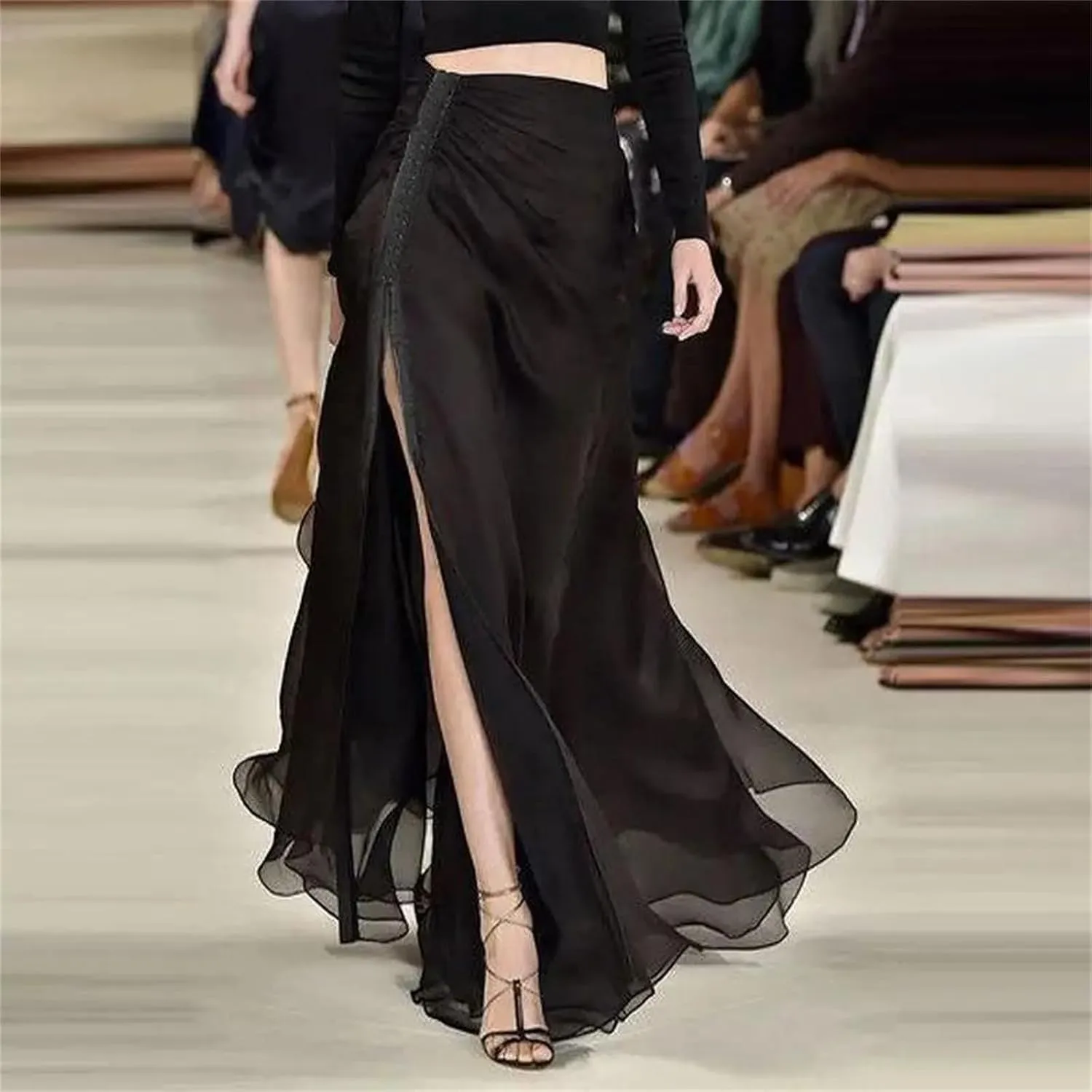 Women's A-Line Long Black Slit Skirt Chiffon Retro Street Casual Skirt