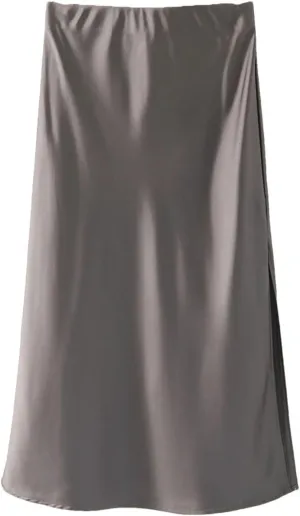 Women's A-Line Slit Office High Waist Satin Skirt Elastic Solid Slit Skirt