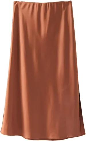 Women's A-Line Slit Office High Waist Satin Skirt Elastic Solid Slit Skirt