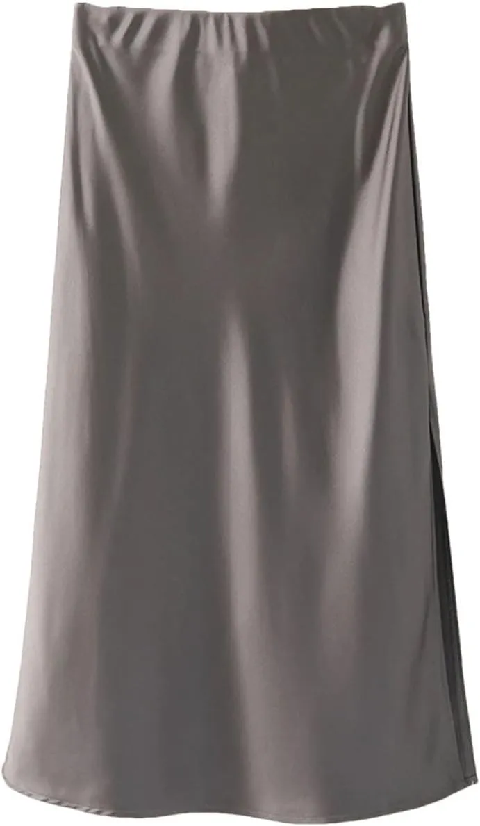 Women's A-Line Slit Office High Waist Satin Skirt Elastic Solid Slit Skirt