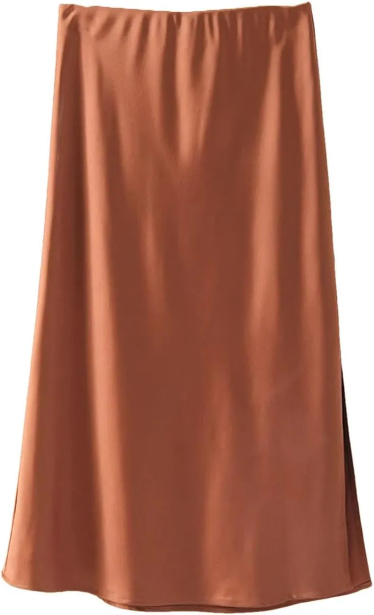 Women's A-Line Slit Office High Waist Satin Skirt Elastic Solid Slit Skirt