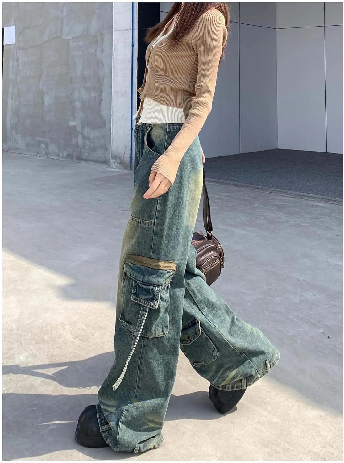 Womens Baggy Cargo Pants Y2k Clothing Multi Pocket Relaxed Fit Jeans Harajuku Vintage Washed High Waist Baggy Jeans