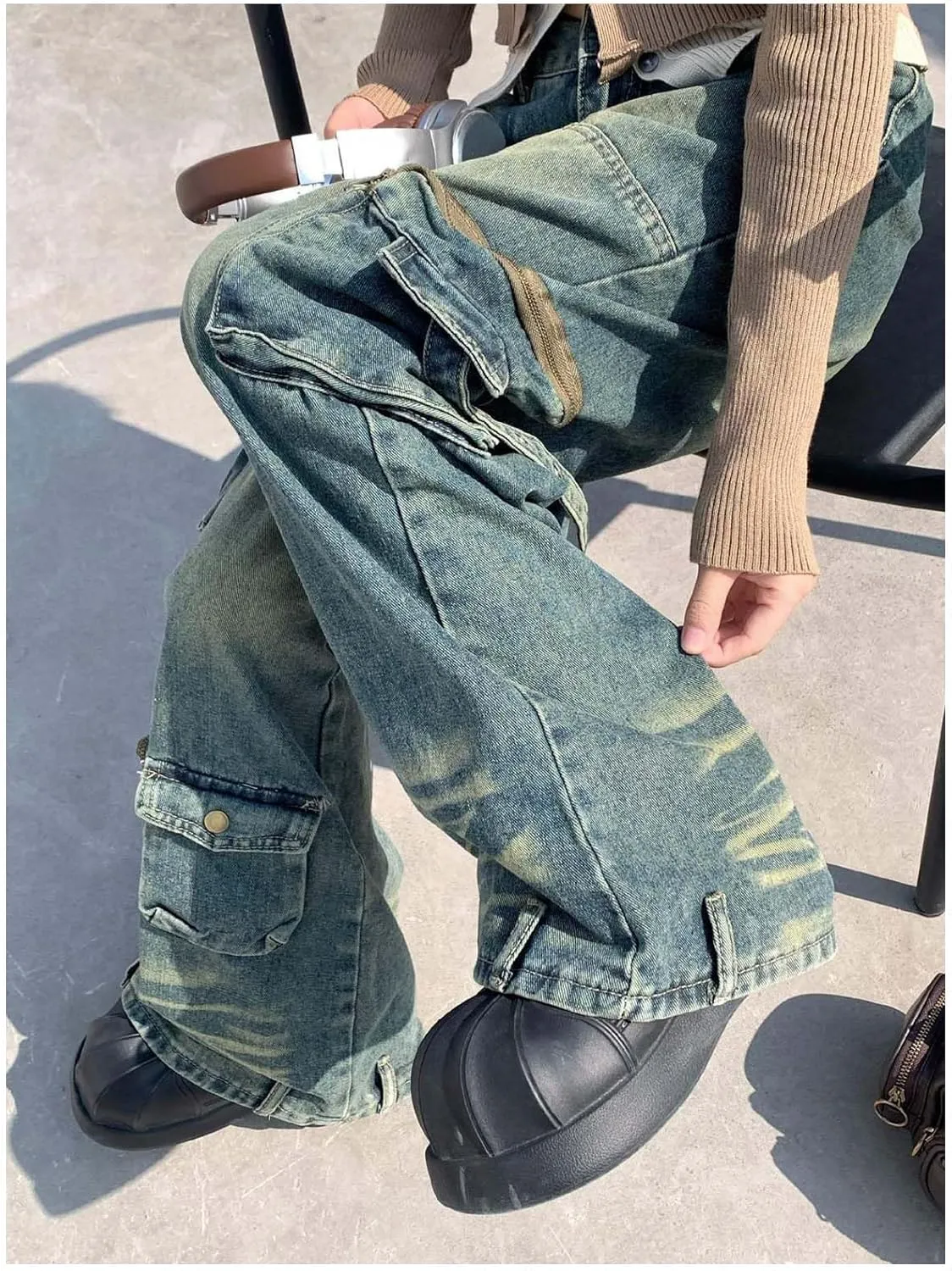 Womens Baggy Cargo Pants Y2k Clothing Multi Pocket Relaxed Fit Jeans Harajuku Vintage Washed High Waist Baggy Jeans