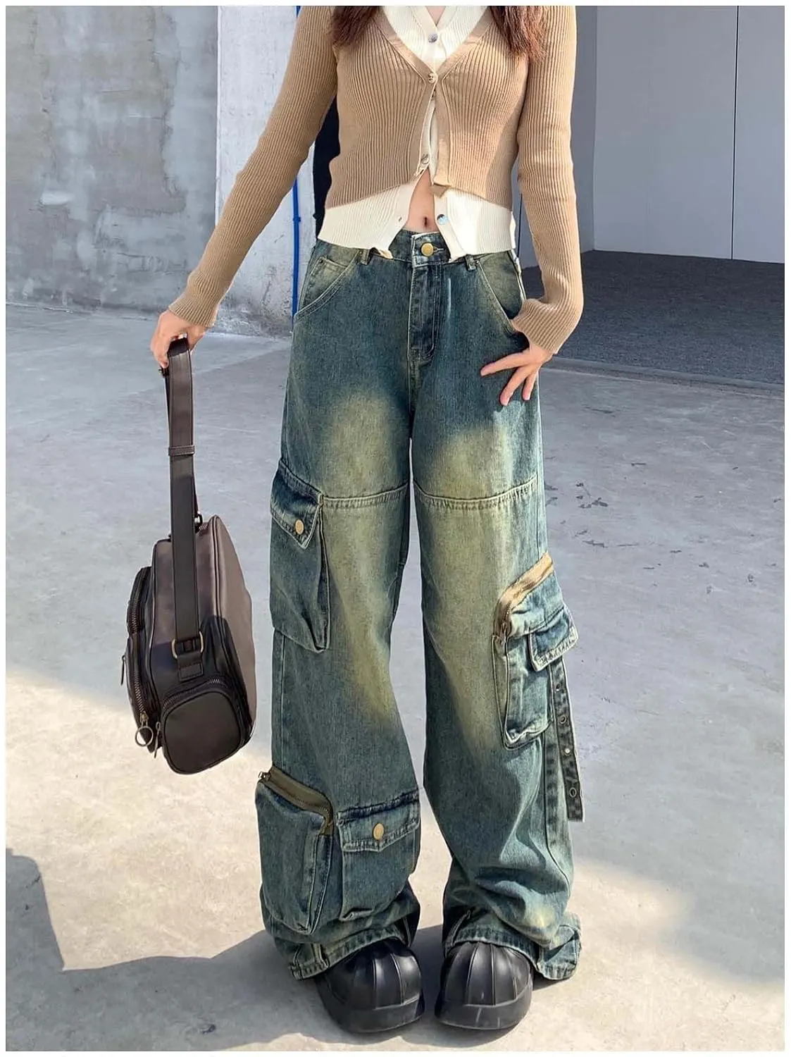 Womens Baggy Cargo Pants Y2k Clothing Multi Pocket Relaxed Fit Jeans Harajuku Vintage Washed High Waist Baggy Jeans