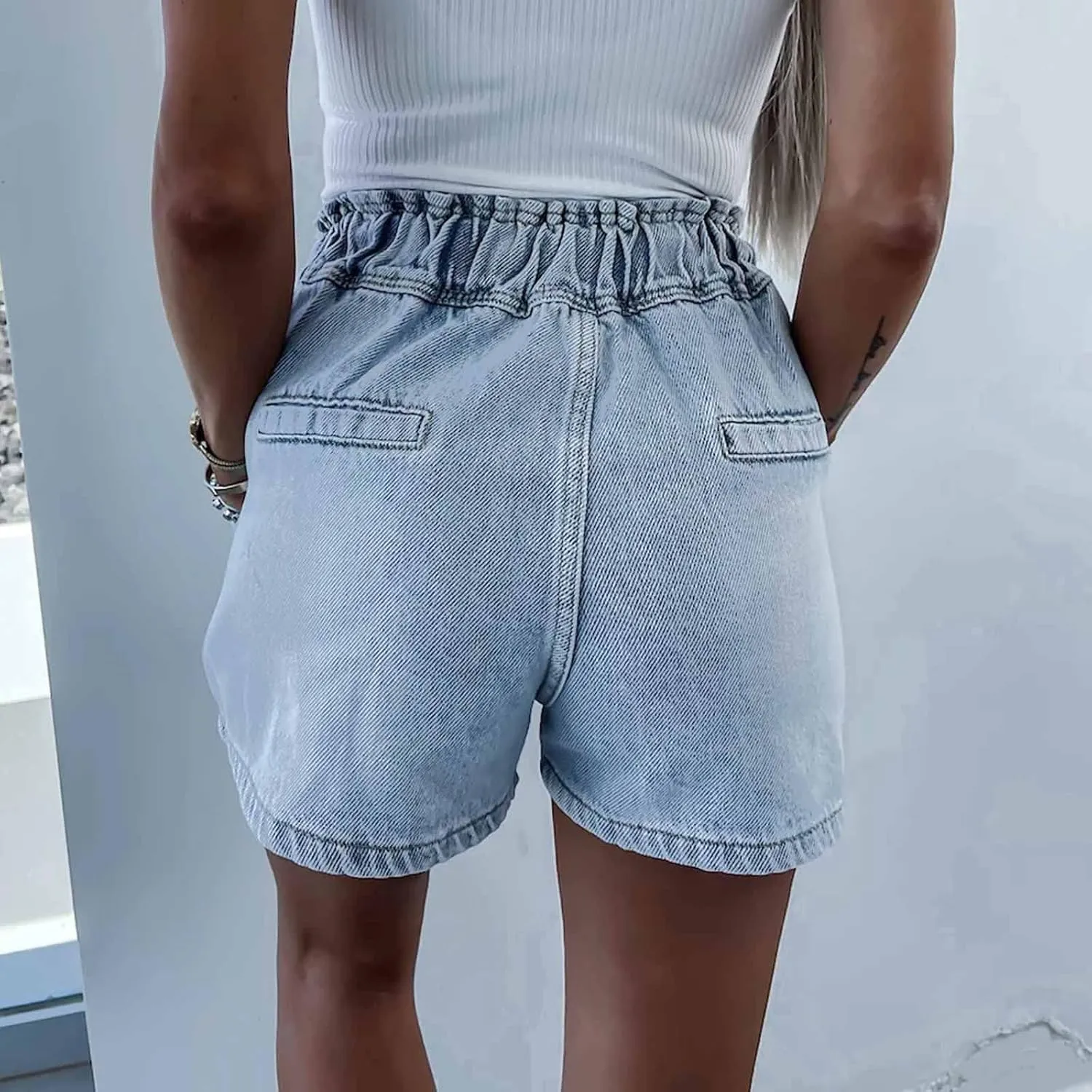 Womens Baggy Jean Shorts High Waisted Stretchy Trendy Casual Drawstring Rhinestone Diamond Loose Trendy Denim Shorts
