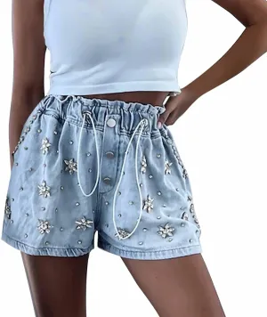 Womens Baggy Jean Shorts High Waisted Stretchy Trendy Casual Drawstring Rhinestone Diamond Loose Trendy Denim Shorts