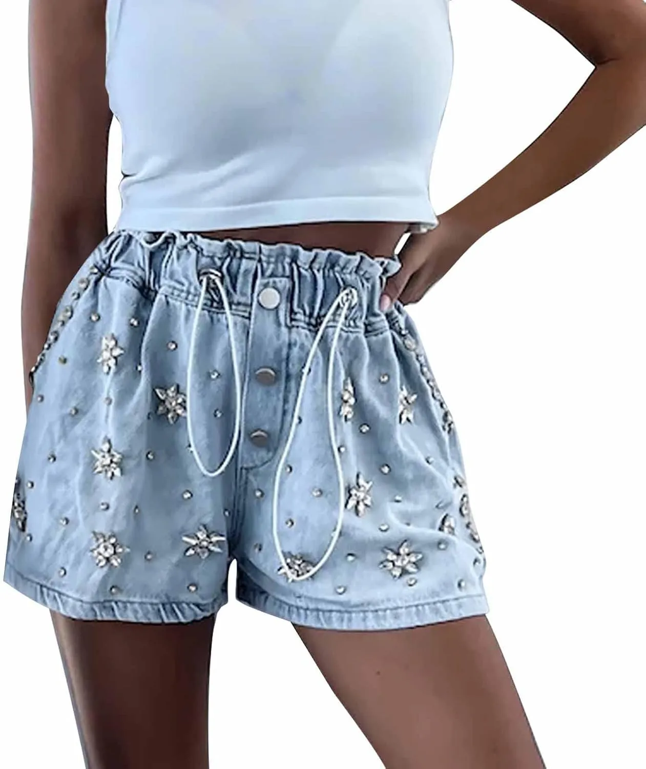 Womens Baggy Jean Shorts High Waisted Stretchy Trendy Casual Drawstring Rhinestone Diamond Loose Trendy Denim Shorts
