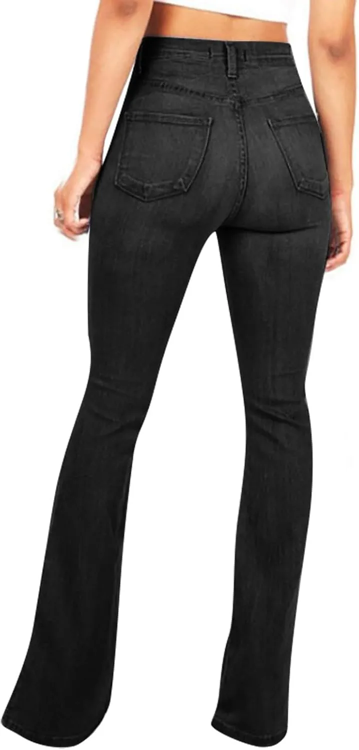 Womens Bell Bottom Jeans Wide Leg Slimming Flare Jeans High Waisted Bootcut Pockets Dress Pants Tummy Control