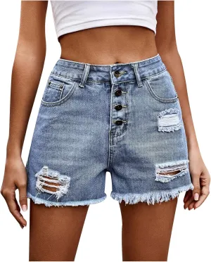 Women's Blue Jean Shorts High Waisted Stretchy Distressed Hem Casual Summer Elastic Waist Denim Shorts 2025