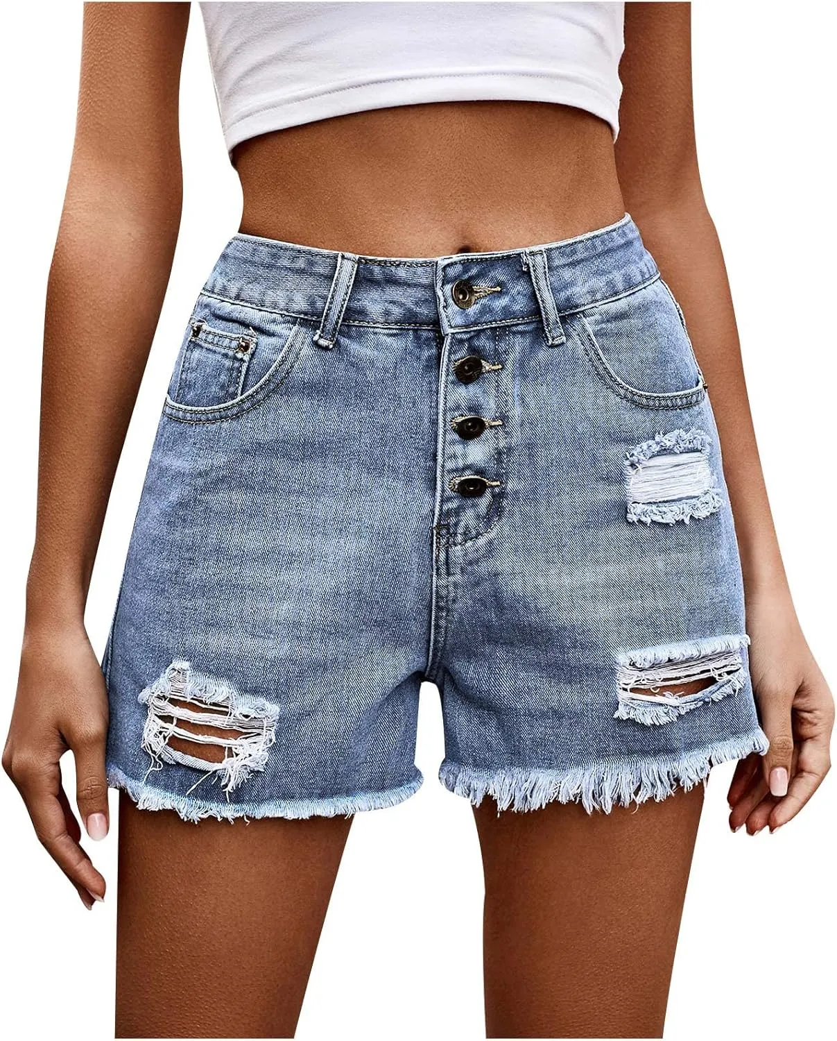 Women's Blue Jean Shorts High Waisted Stretchy Distressed Hem Casual Summer Elastic Waist Denim Shorts 2025