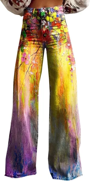 Womens Boyfriend JeansWomen's Flare Wide Leg Jeans 2025 High Waisted Denim Vintage Floral Printed Pants Casual Colorful Straight Trouser