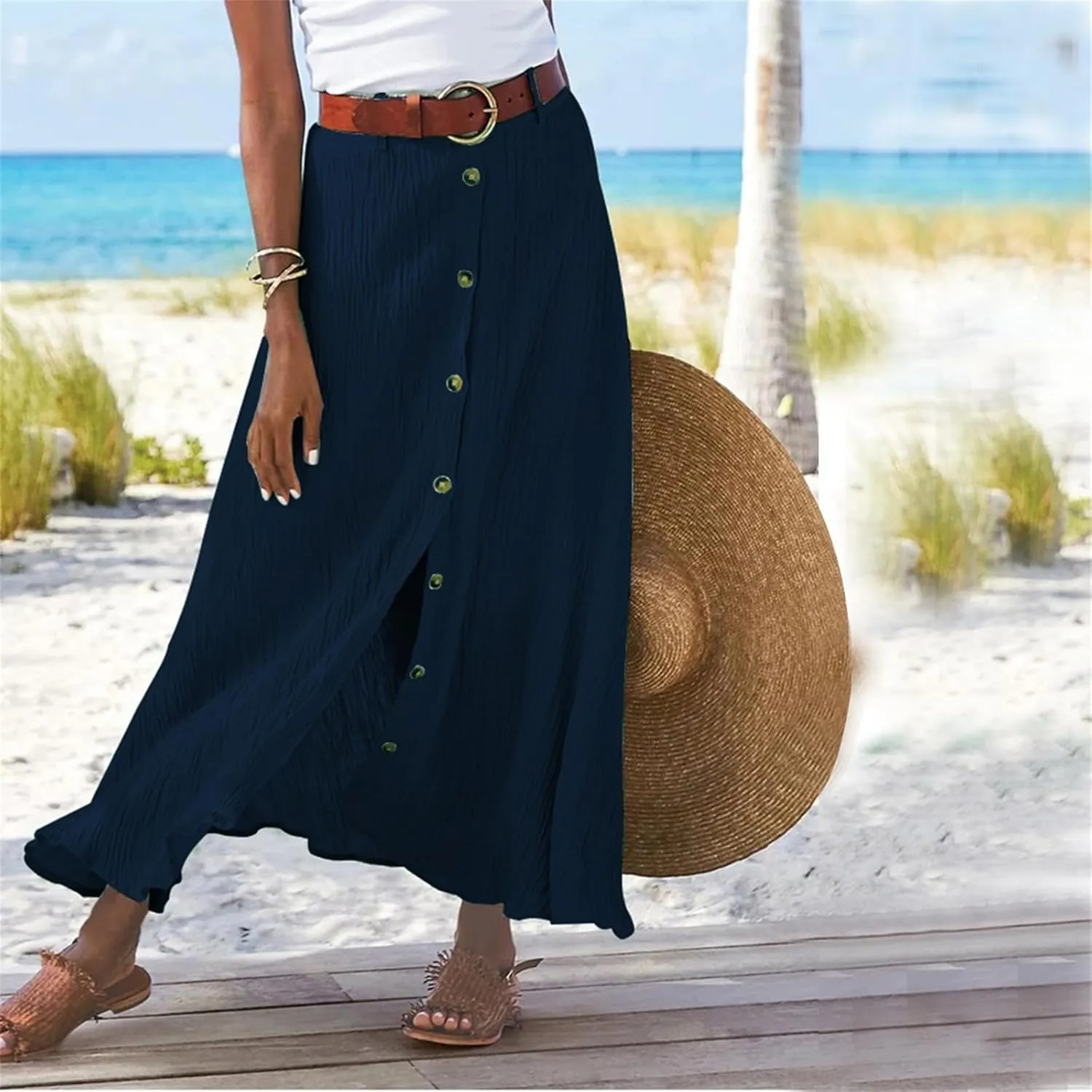 Womens Button Flowy Maxi Skirt 2025 Summer Casual High Waist A-Line Tiered Skirt Beach Vacation Outfits