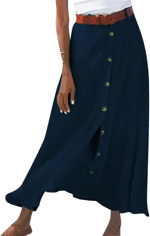 Womens Button Flowy Maxi Skirt 2025 Summer Casual High Waist A-Line Tiered Skirt Beach Vacation Outfits