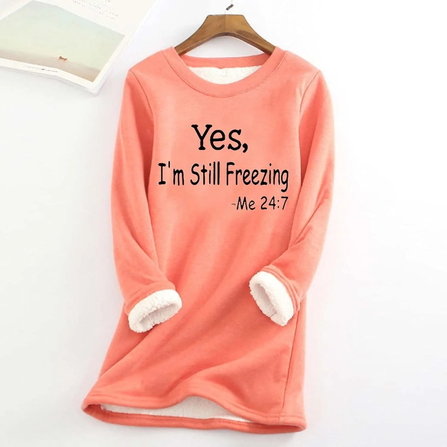 Women's Casual Crewneck Sweatshirts Winter Fleece Warm Letter Print Pullover Tops Thick Long Sleeve Lightweight Clothes