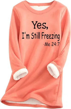 Women's Casual Crewneck Sweatshirts Winter Fleece Warm Letter Print Pullover Tops Thick Long Sleeve Lightweight Clothes