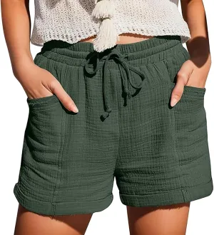Women's Casual Linen Short Solid Color High Waist Shorts Summer Beach Sports Workout Outfits Clothing with Pockets