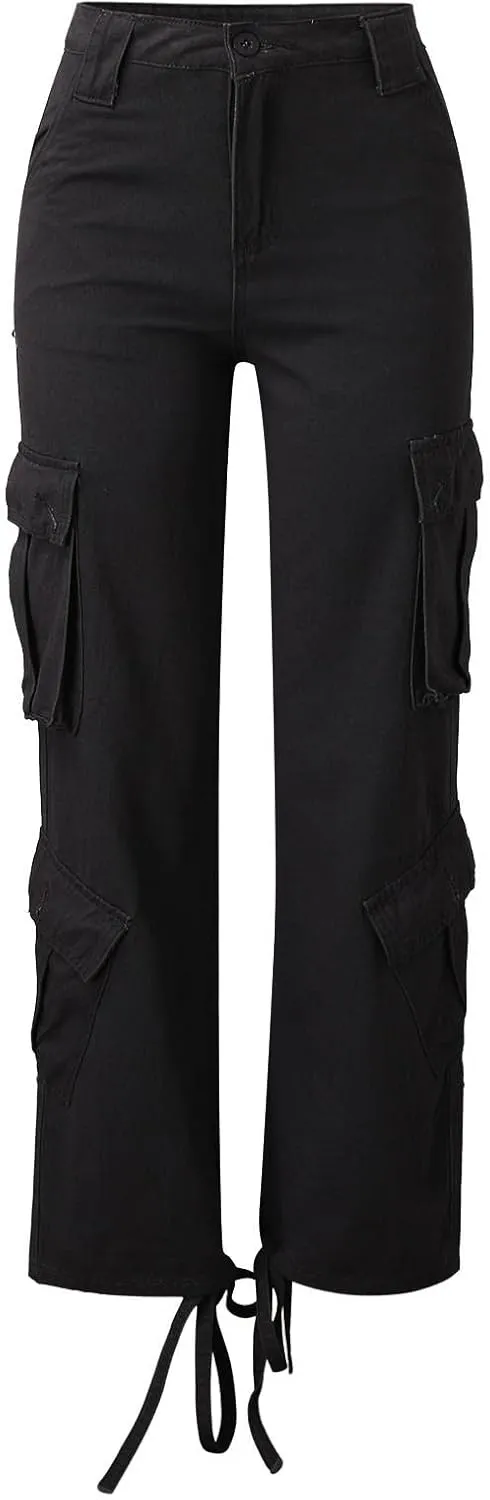 Womens Casual Loose Wide Leg Straight Demin Cargo Pants Trousers with Pockets Strecthy Paddy Skinny High-Rise Slim Fit Long