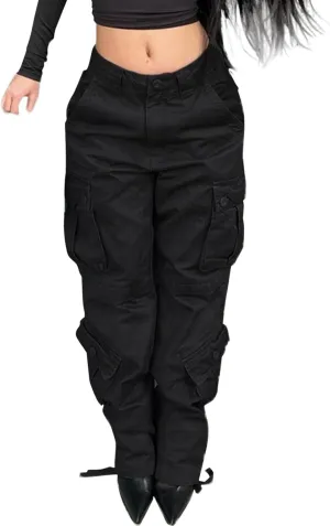 Womens Casual Loose Wide Leg Straight Demin Cargo Pants Trousers with Pockets Strecthy Paddy Skinny High-Rise Slim Fit Long