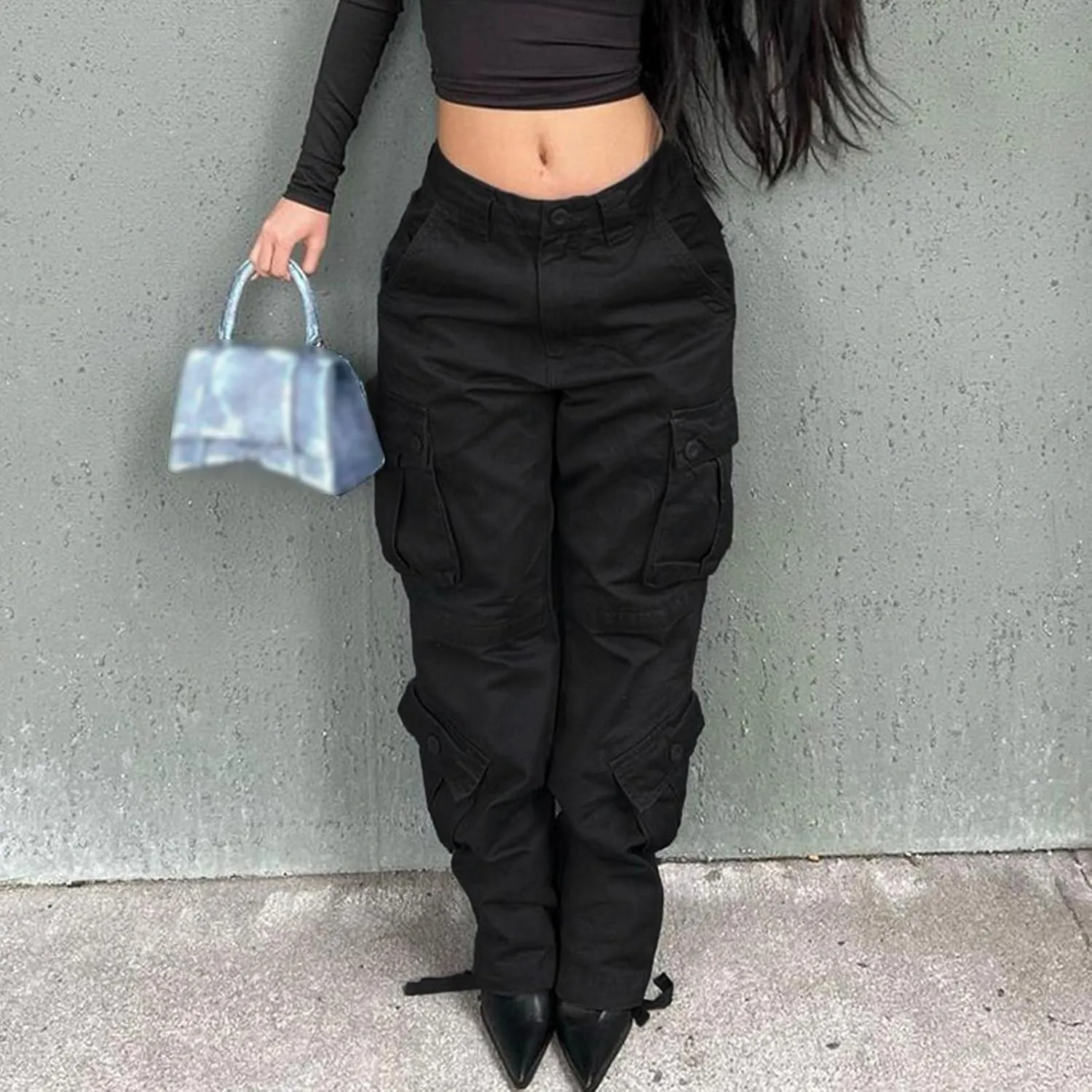 Womens Casual Loose Wide Leg Straight Demin Cargo Pants Trousers with Pockets Strecthy Paddy Skinny High-Rise Slim Fit Long
