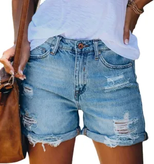 Women's Casual Ripped Denim Shorts High Rise Distressed Rolled Hem Denim Hot Short Summer Jean Shorts