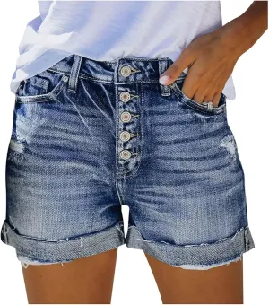 Women's Casual Ripped Denim Shorts High Rise Distressed Rolled Hem Denim Hot Short Summer Jean Shorts