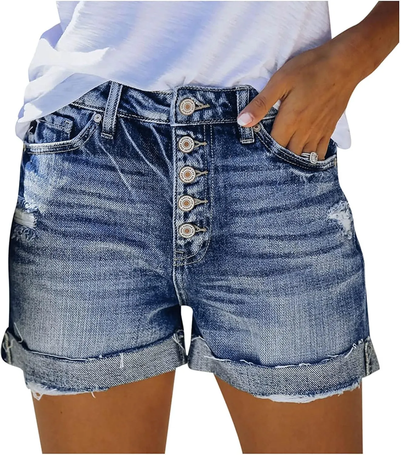 Women's Casual Ripped Denim Shorts High Rise Distressed Rolled Hem Denim Hot Short Summer Jean Shorts