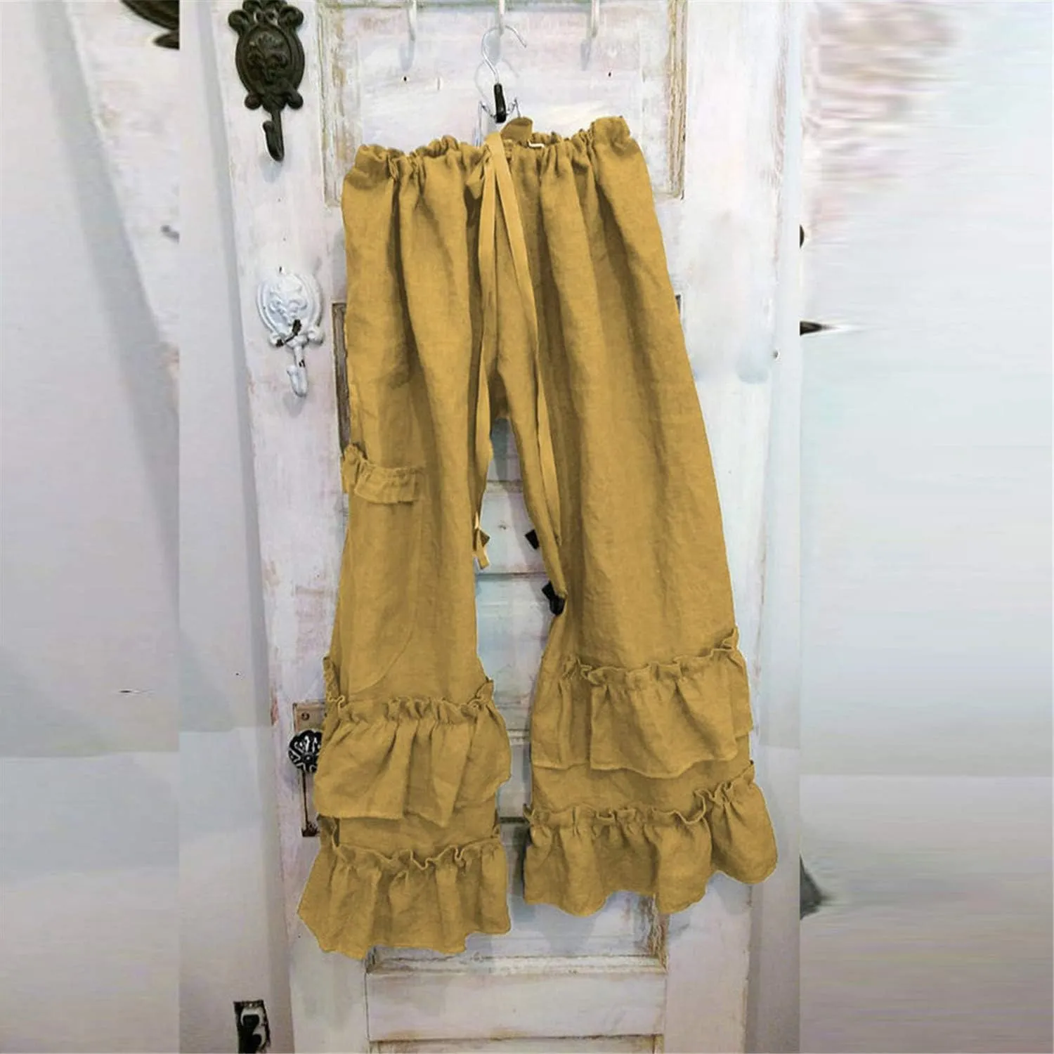 Womens Casual Ruffled Loose Pocket Pants Plus Size Cotton Linen Folds Pants Wide Leg Solid Color Hem Elastic Waisted Trousers