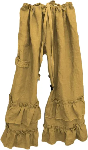 Womens Casual Ruffled Loose Pocket Pants Plus Size Cotton Linen Folds Pants Wide Leg Solid Color Hem Elastic Waisted Trousers