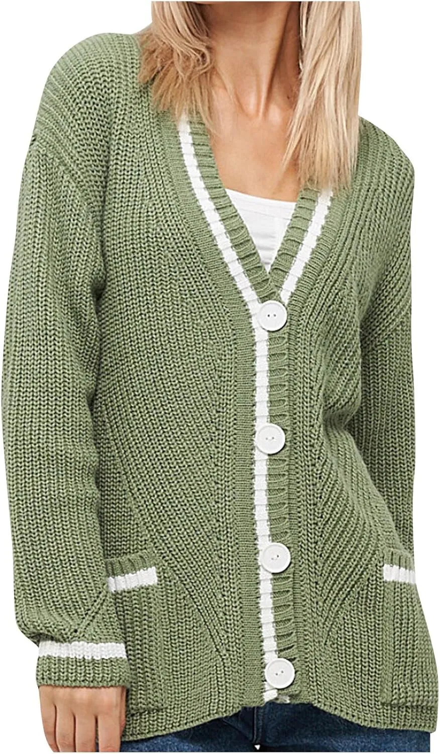 Women's Color Block Cardigan Sweaters 2024 Long Sleeve Button Down Open Front Chunky Knit Coat with Pockets