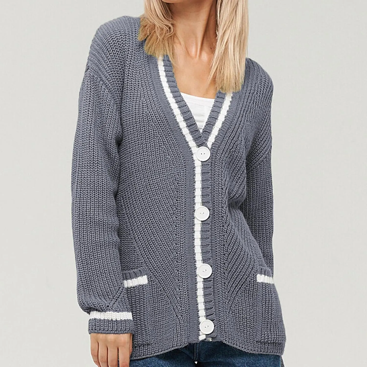 Women's Color Block Cardigan Sweaters 2024 Long Sleeve Button Down Open Front Chunky Knit Coat with Pockets