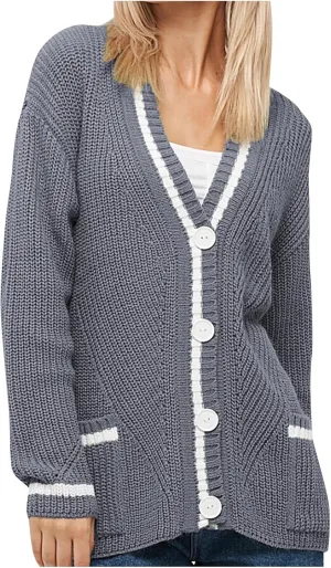 Women's Color Block Cardigan Sweaters 2024 Long Sleeve Button Down Open Front Chunky Knit Coat with Pockets