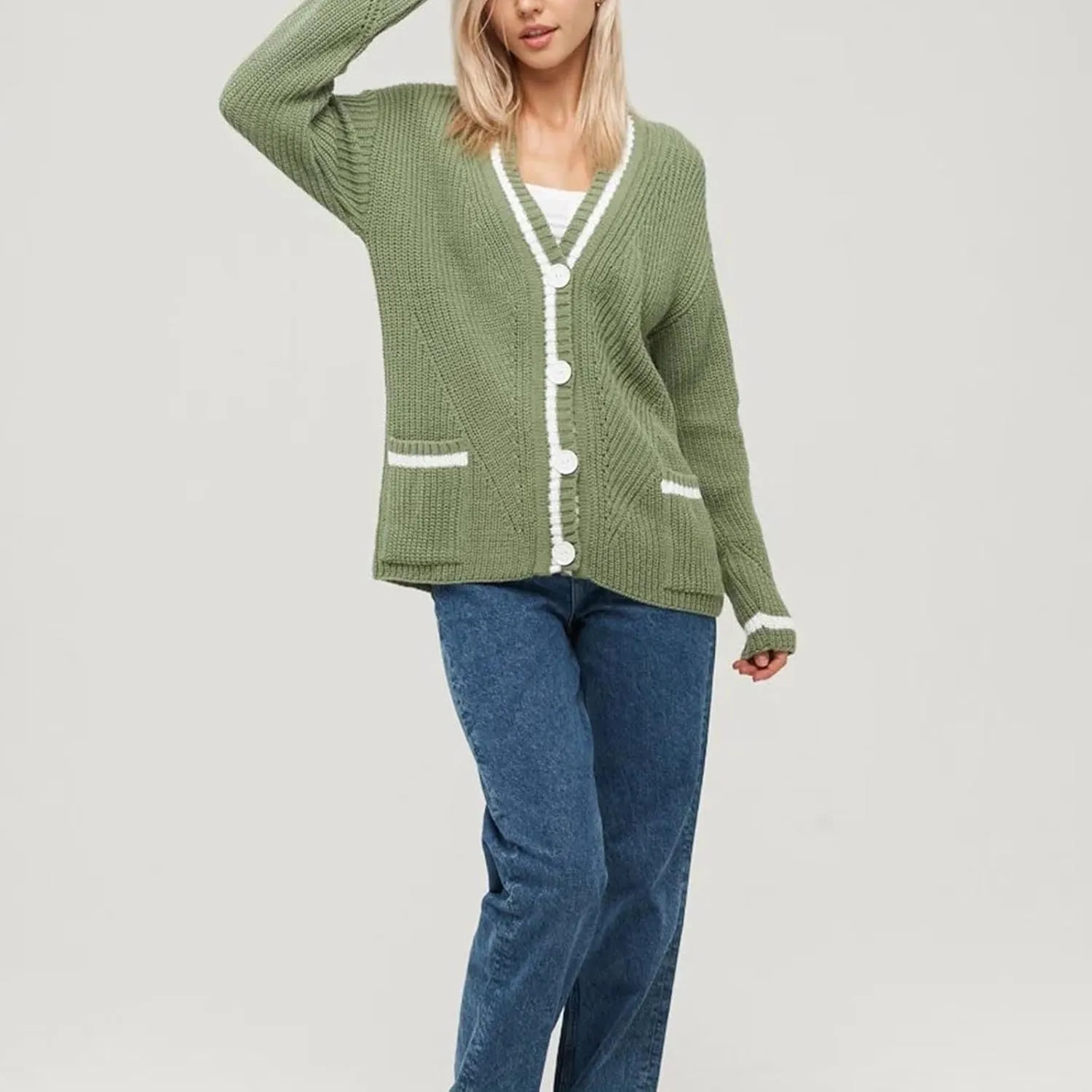 Women's Color Block Cardigan Sweaters 2024 Long Sleeve Button Down Open Front Chunky Knit Coat with Pockets