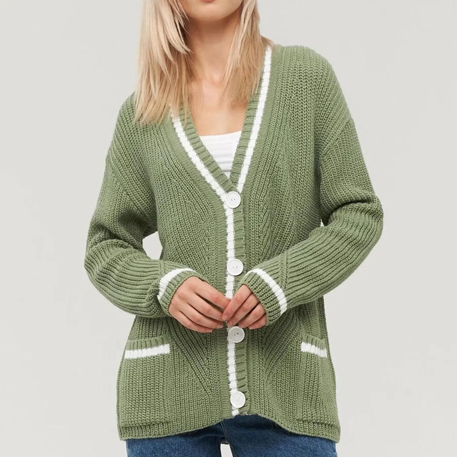 Women's Color Block Cardigan Sweaters 2024 Long Sleeve Button Down Open Front Chunky Knit Coat with Pockets