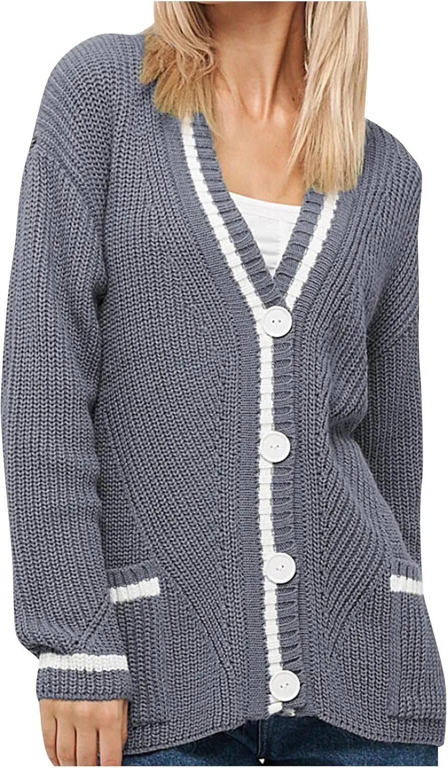 Women's Color Block Cardigan Sweaters 2024 Long Sleeve Button Down Open Front Chunky Knit Coat with Pockets