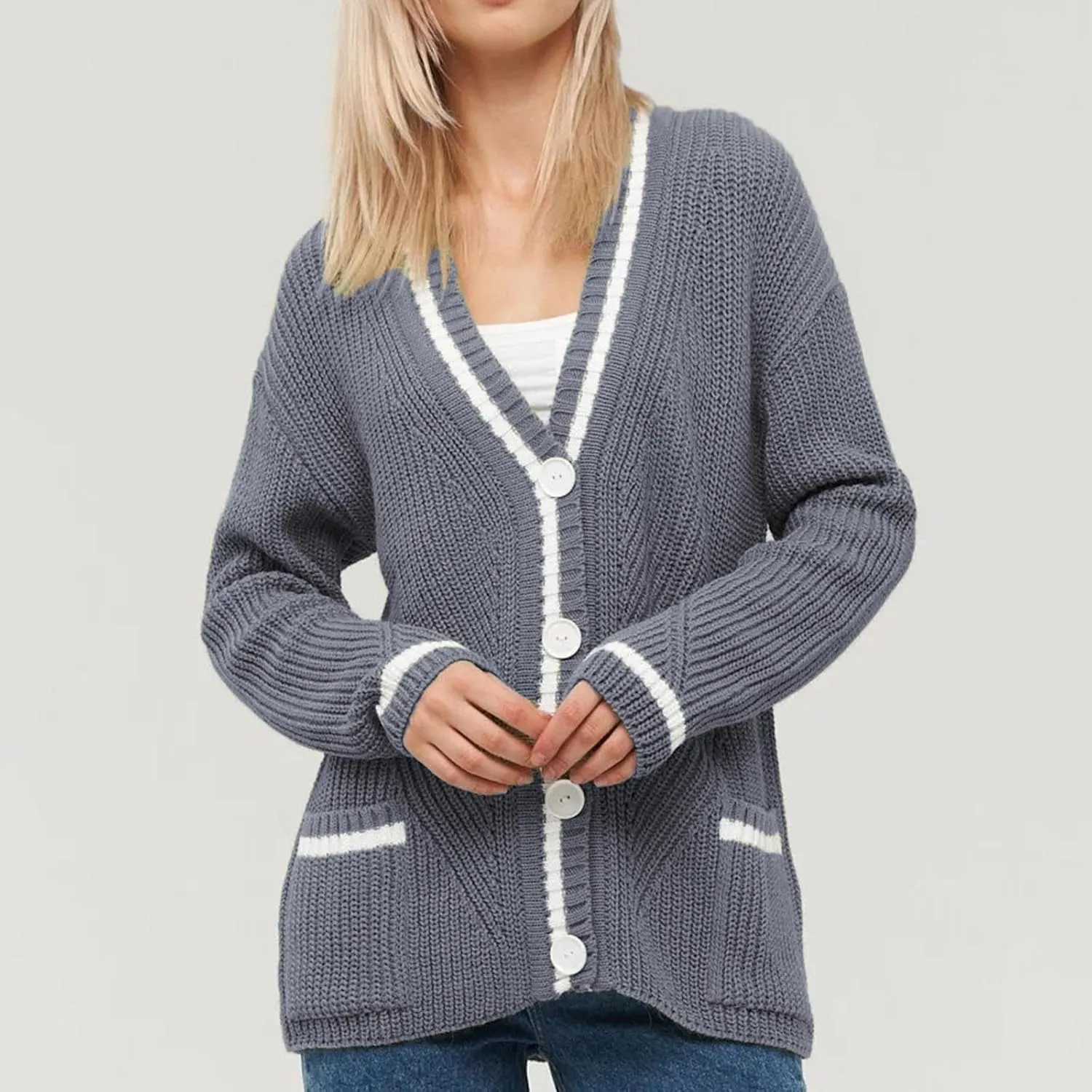 Women's Color Block Cardigan Sweaters 2024 Long Sleeve Button Down Open Front Chunky Knit Coat with Pockets