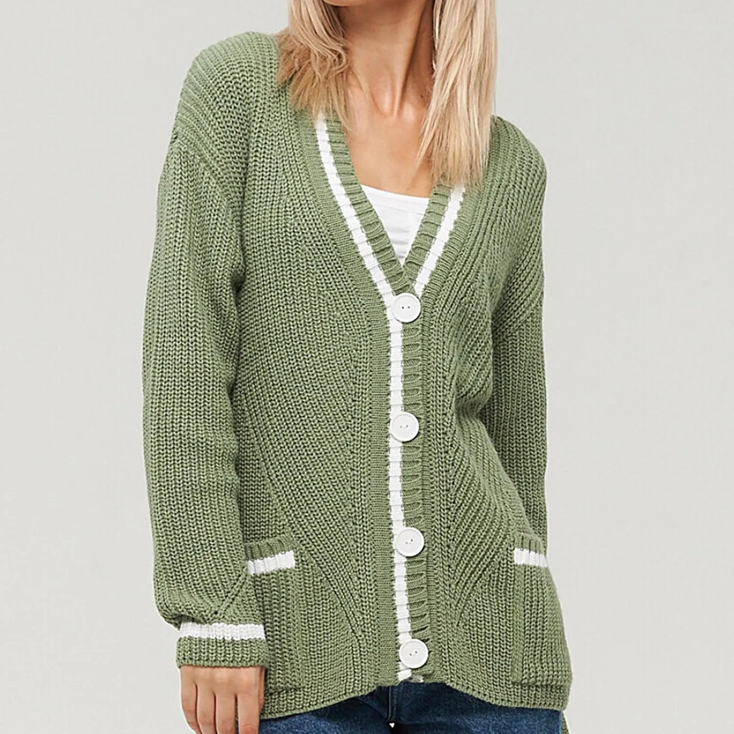 Women's Color Block Cardigan Sweaters 2024 Long Sleeve Button Down Open Front Chunky Knit Coat with Pockets