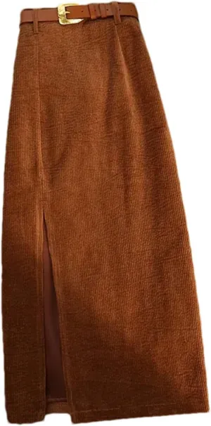 Women's Corduroy Skirt Belt High Waist Straight Casual Office Front Slit Skirt