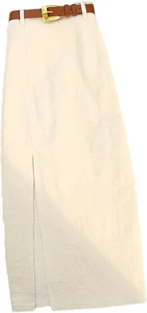Women's Corduroy Skirt Belt High Waist Straight Casual Office Front Slit Skirt