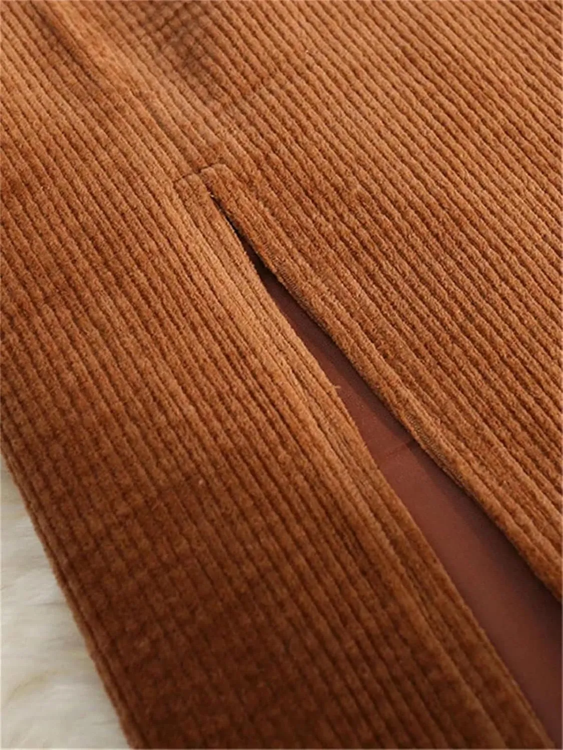 Women's Corduroy Skirt Belt High Waist Straight Casual Office Front Slit Skirt