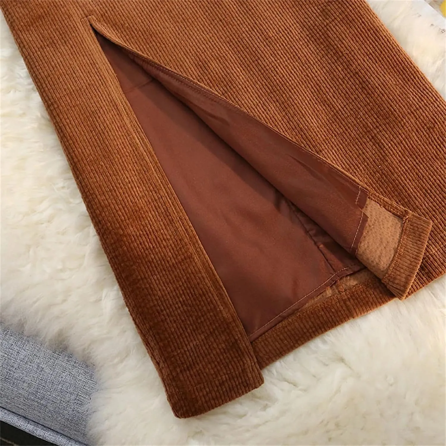 Women's Corduroy Skirt Belt High Waist Straight Casual Office Front Slit Skirt