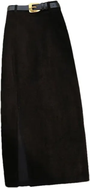 Women's Corduroy Skirt Belt High Waist Straight Casual Office Front Slit Skirt